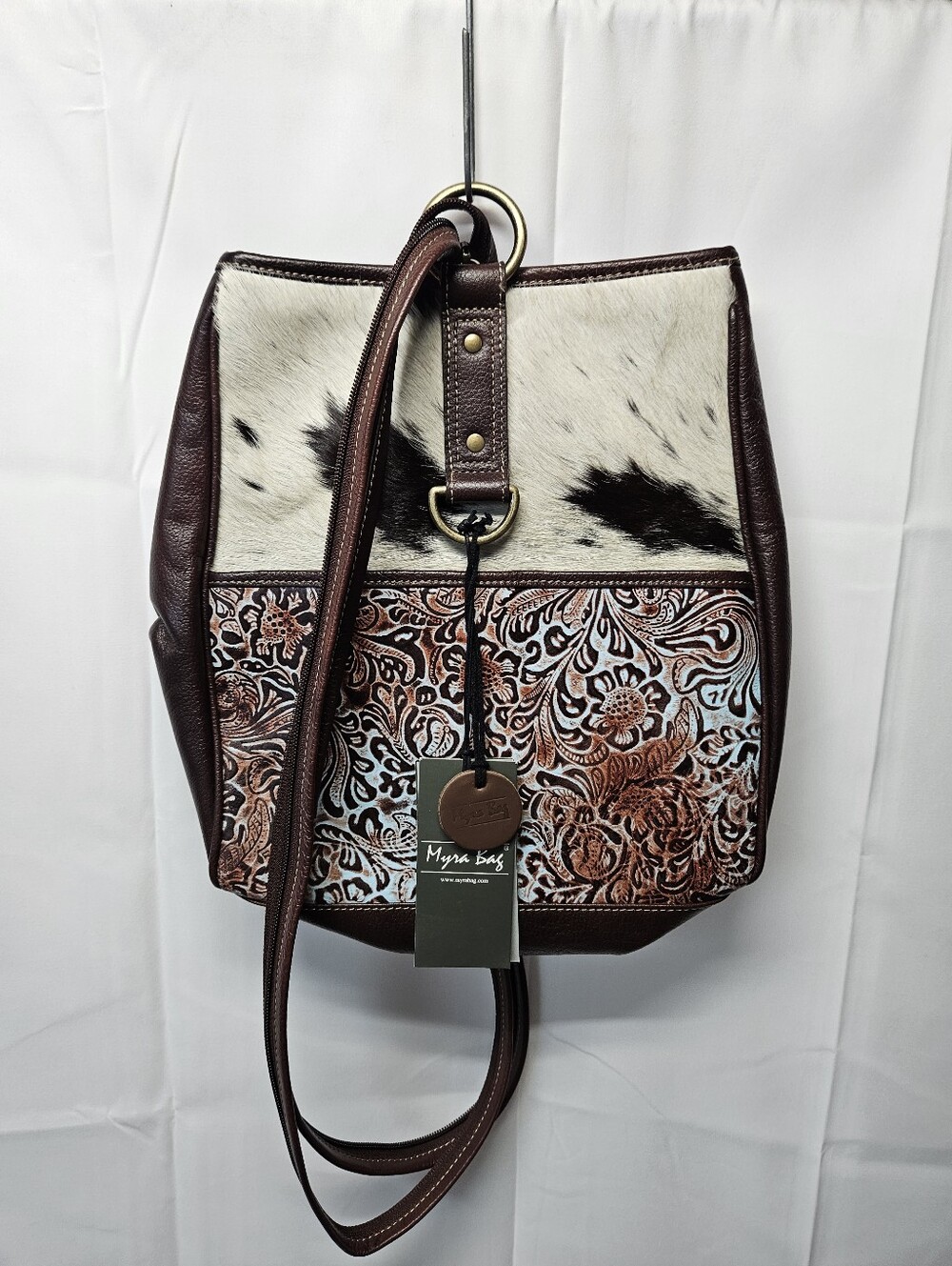 Myra Bag Brown Tooled Leather & Cream Hair-On-Hide Convertble Crossbody/Backpack